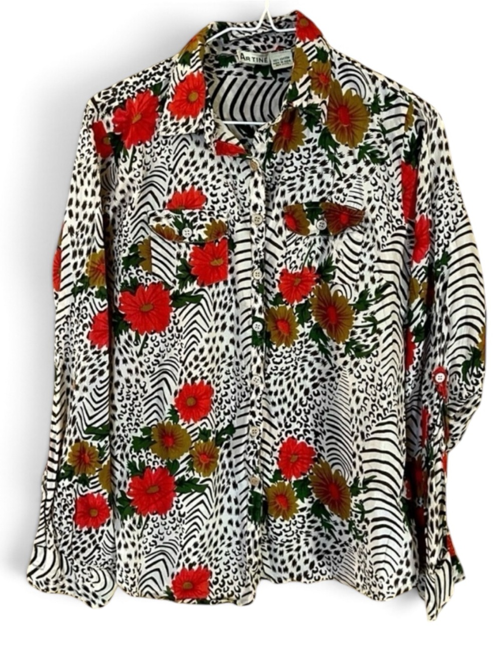 Leopard and Floral Print Button Down Blouse